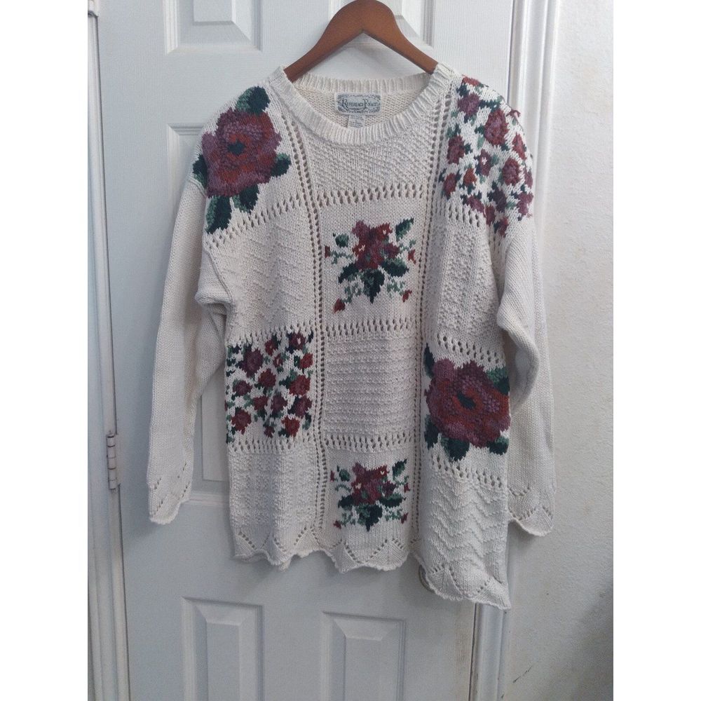 Renaissance Rose Floral Knit Sweater Cottagecore Grannycore Pullover Large